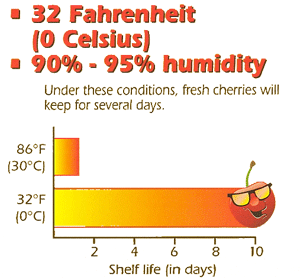 32 Fahrenheit (0 Celsius) 90% - 95% humidity under these conditions, fresh cherries will keep for several days. 86℉ (30℃) 32℉ (0℃) Shelf life (in days)